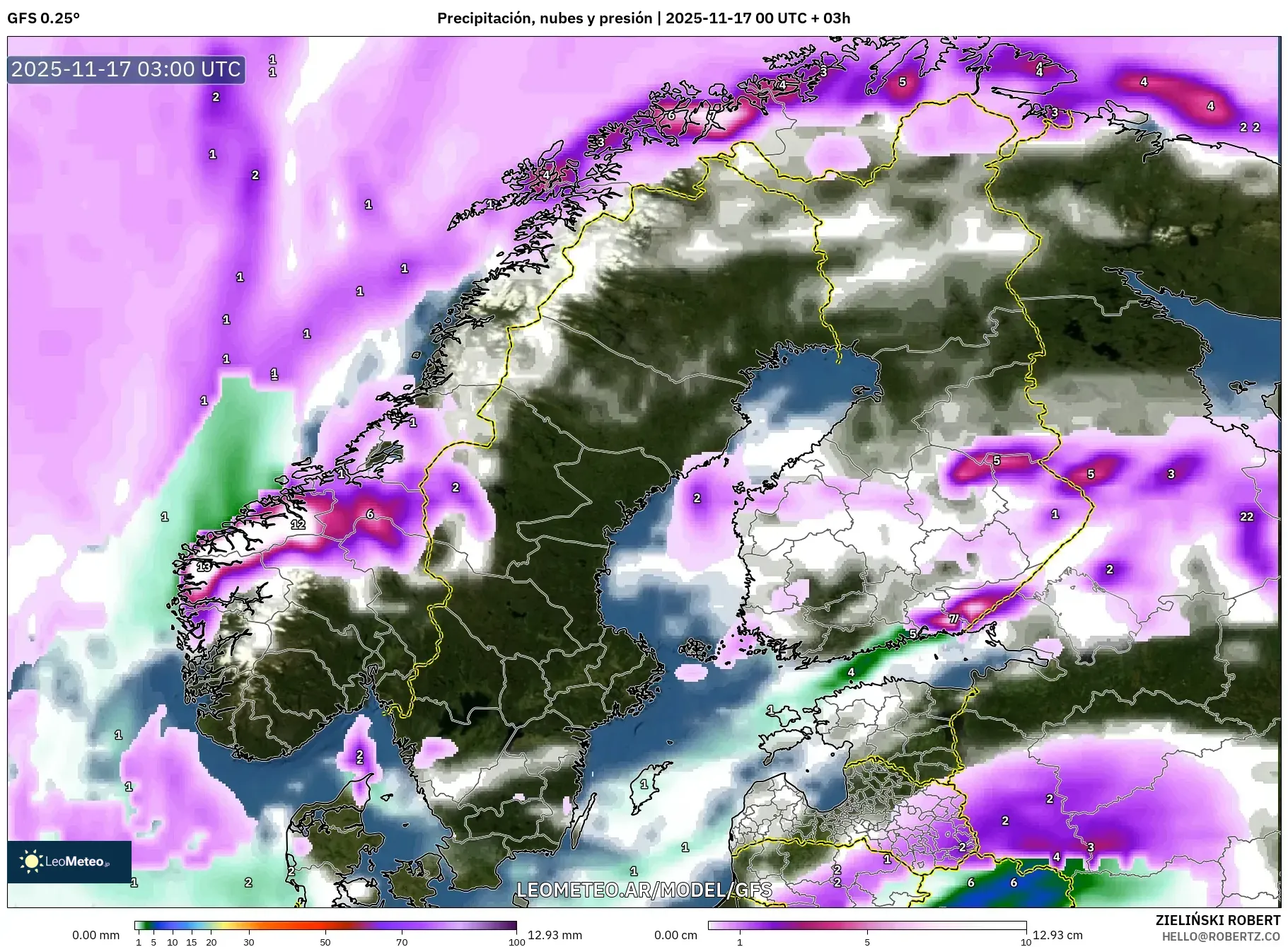 GFS model - Escandinavia, Precipitación, nubes y presión
