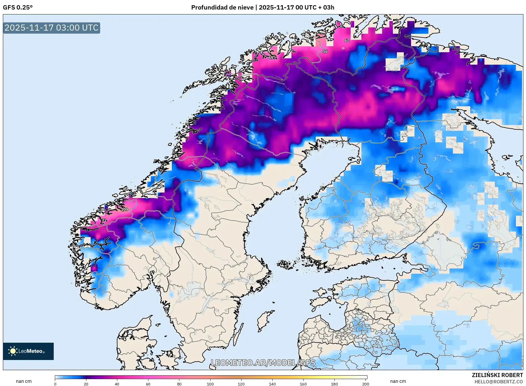 GFS model - Escandinavia, Profundidad de nieve