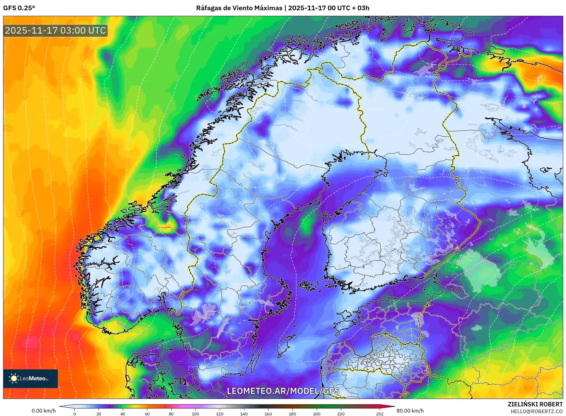 GFS model - Escandinavia, Ráfagas de Viento Máximas