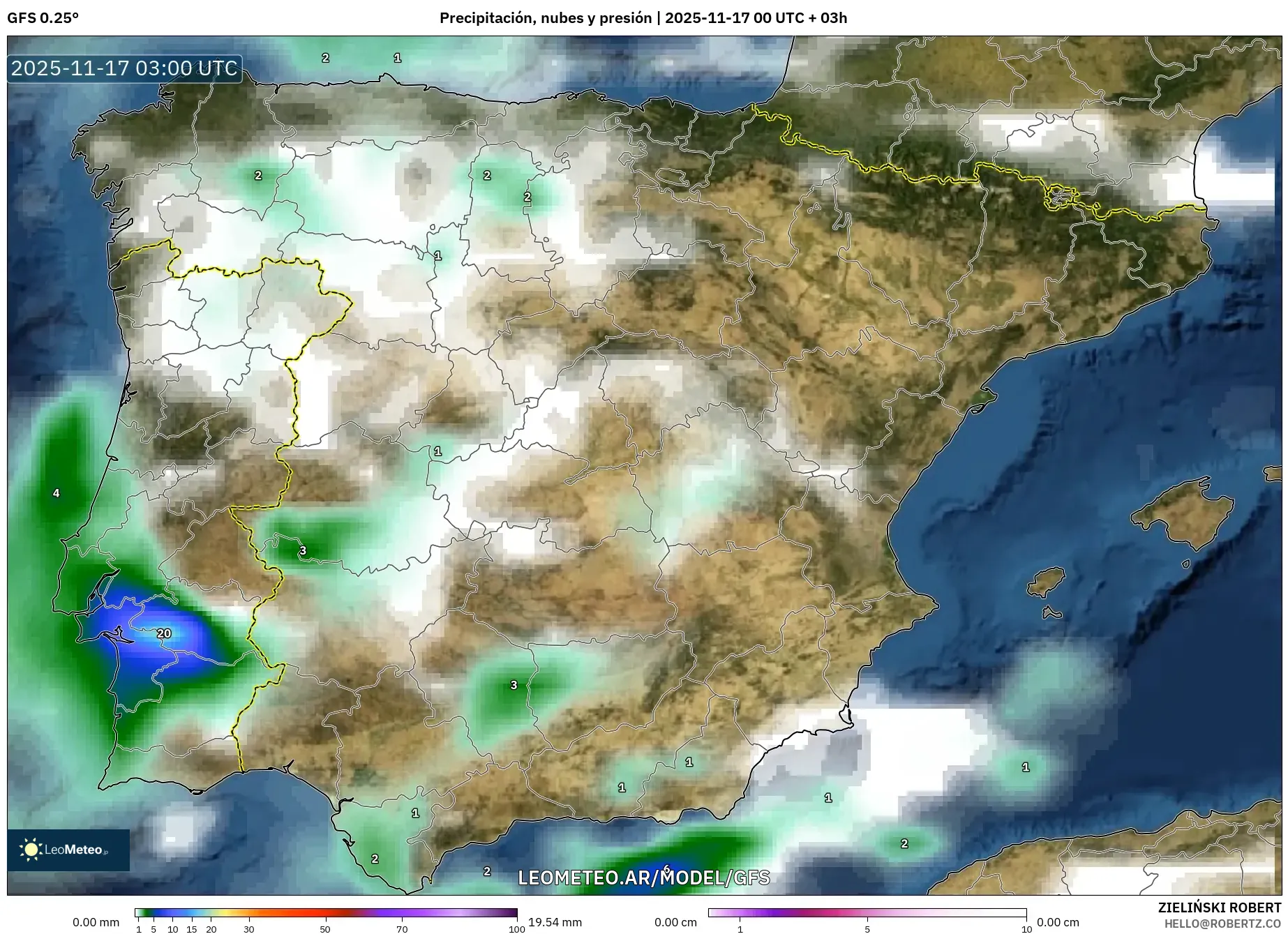 GFS model - España, Precipitación, nubes y presión