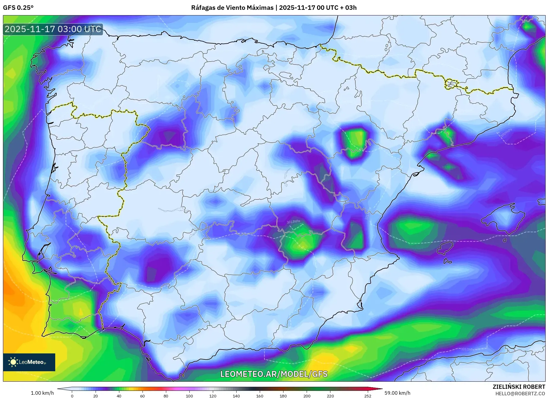 GFS model - España, Ráfagas de Viento Máximas