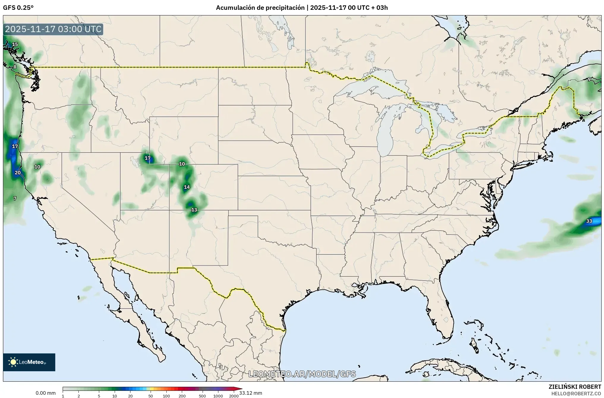 GFS model - Estados Unidos, Acumulación de precipitación