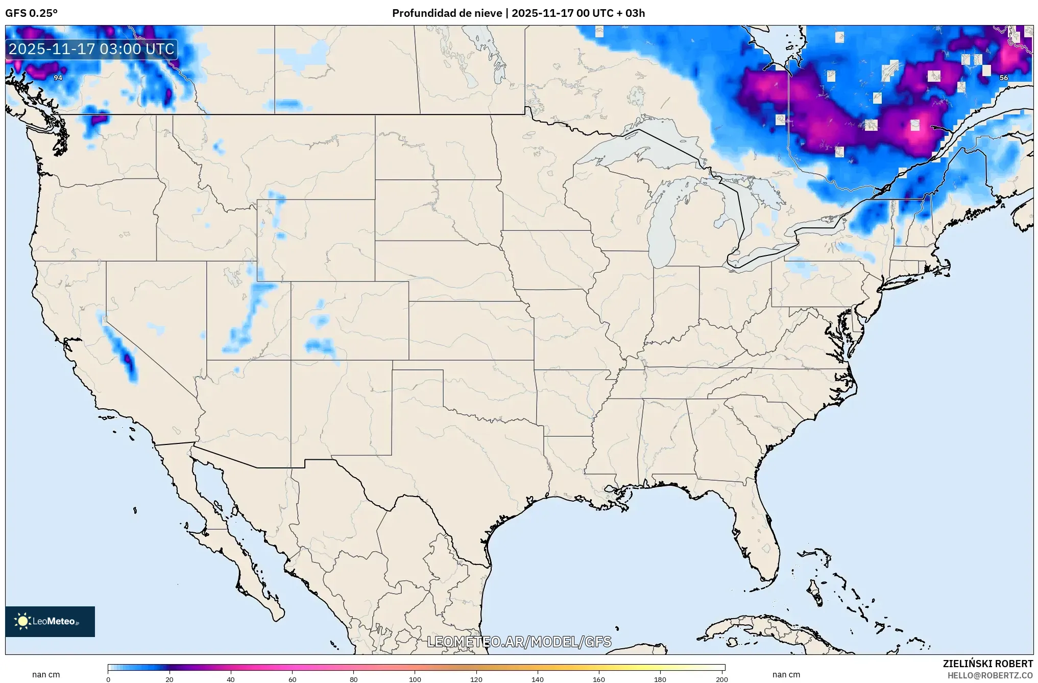 GFS model - Estados Unidos, Profundidad de nieve