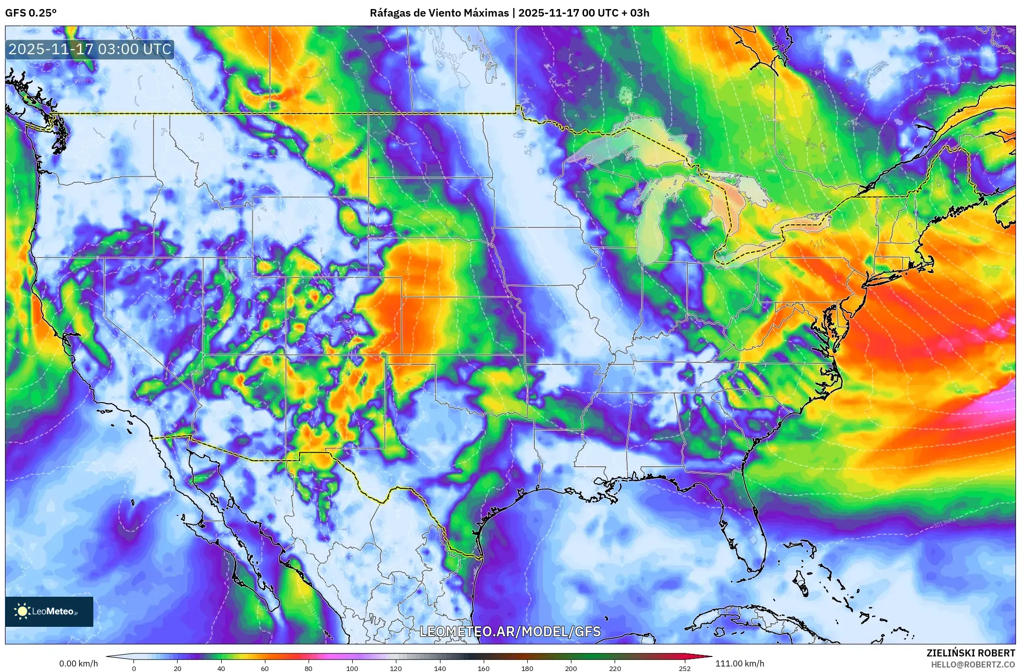GFS model - Estados Unidos, Ráfagas de Viento Máximas