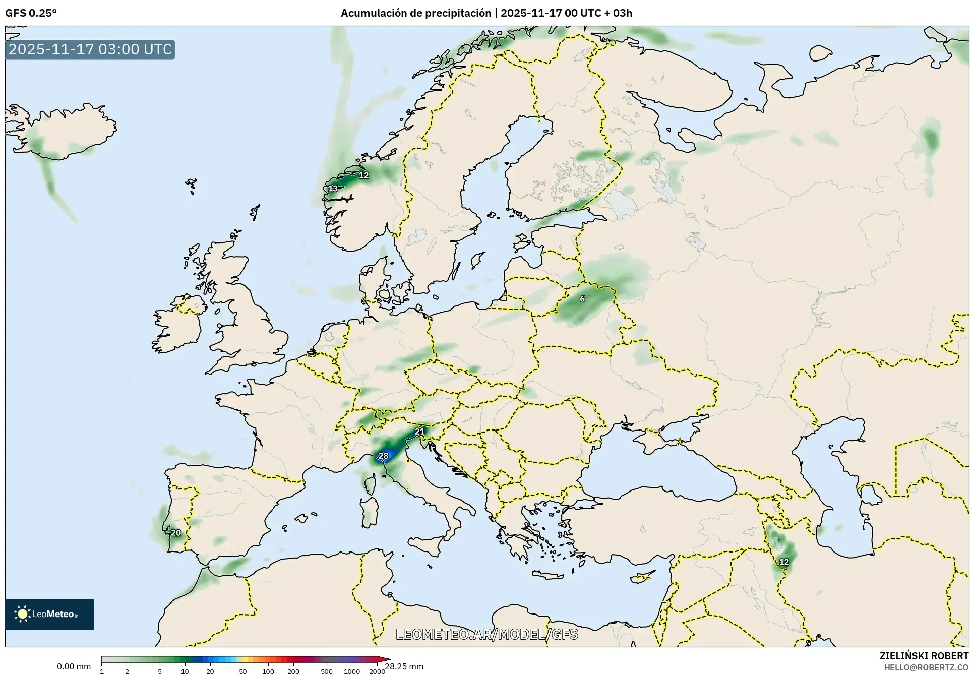 GFS model - Europa, Acumulación de precipitación