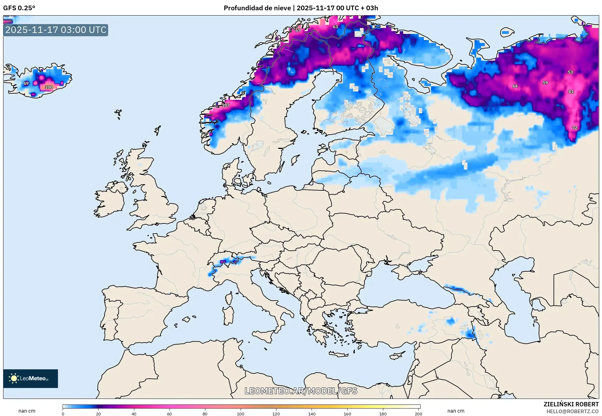 GFS model - Europa, Profundidad de nieve