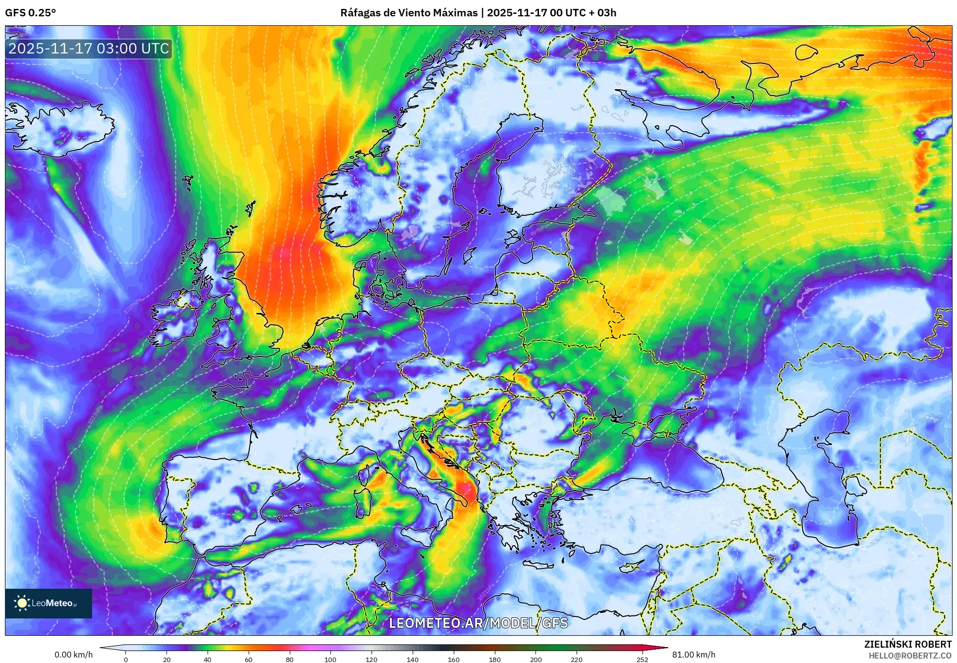 GFS model - Europa, Ráfagas de Viento Máximas