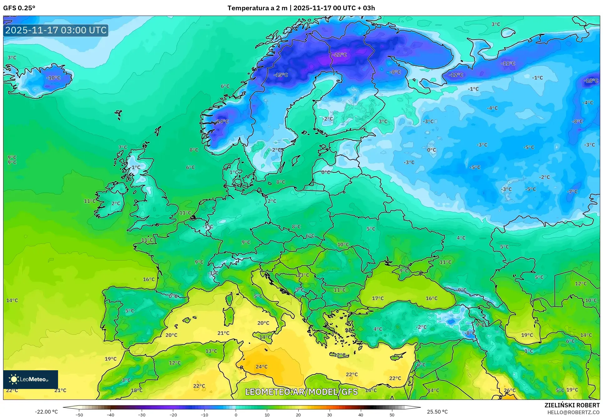 GFS model - Europa, Temperatura a 2 m