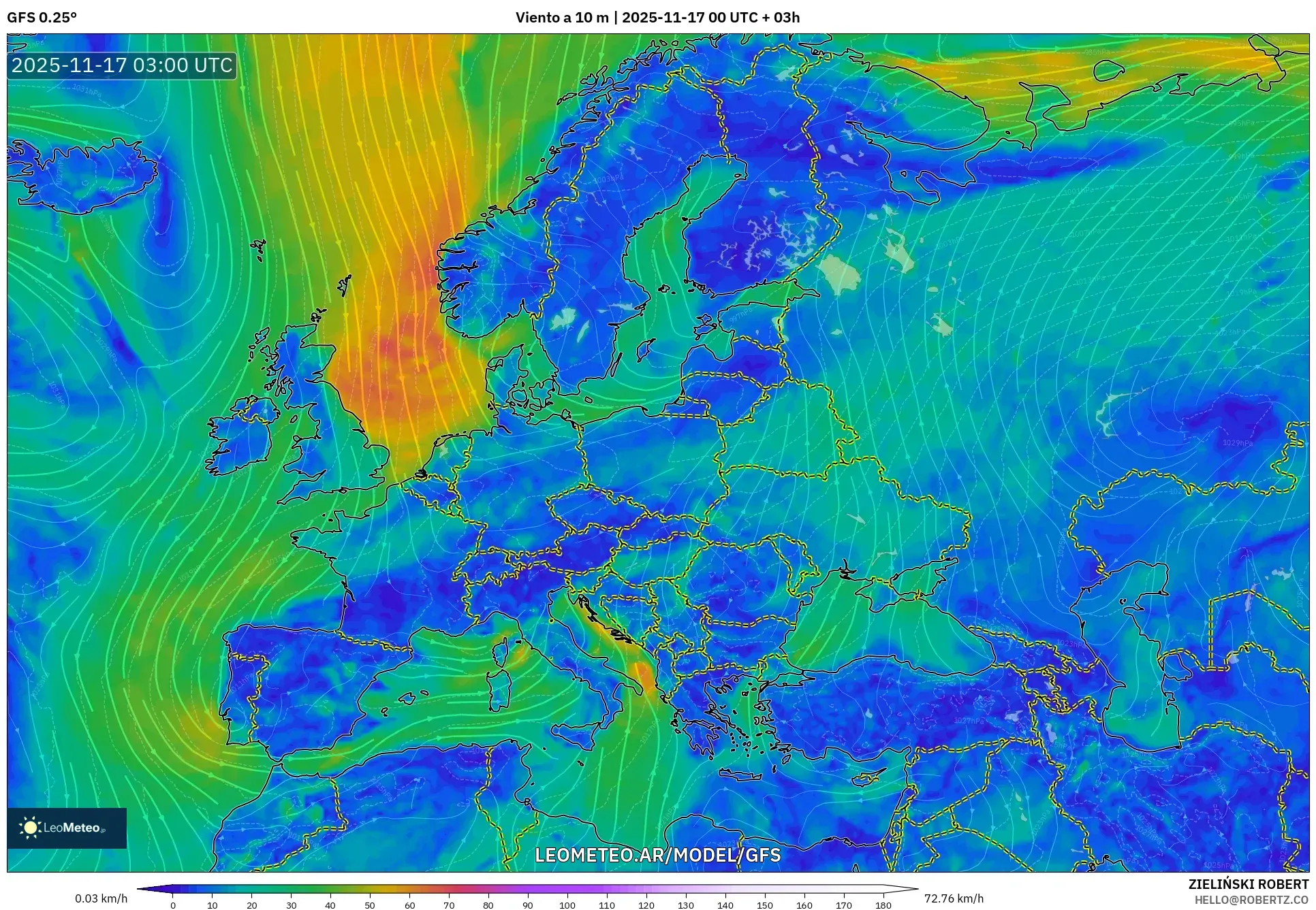 GFS model - Europa, Viento a 10 m
