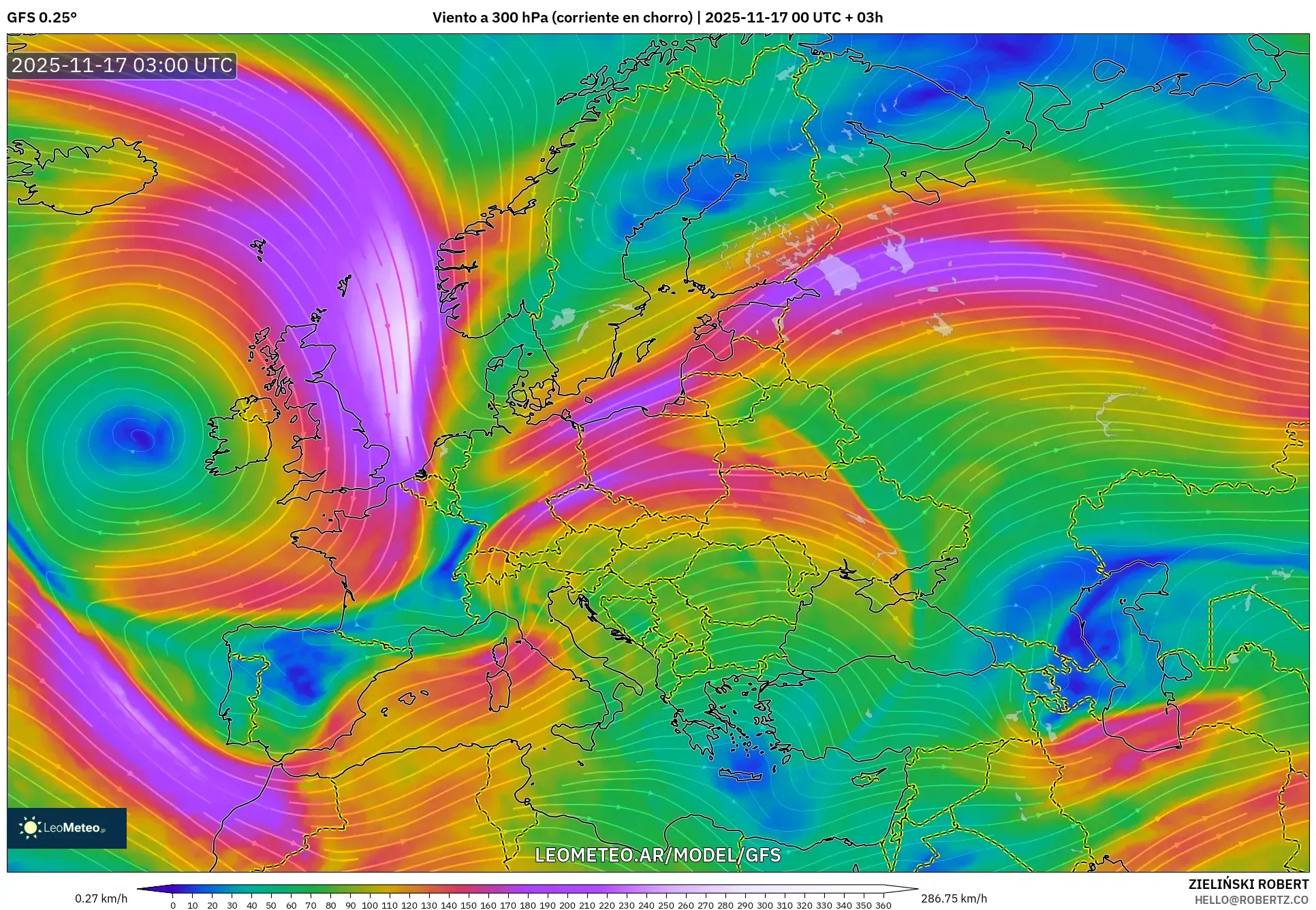 GFS model - Europa, Viento a 300 hPa (corriente en chorro)