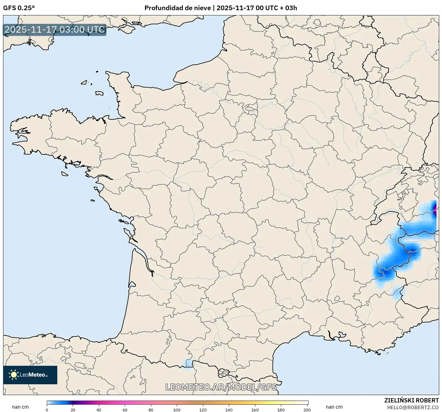 GFS model - Francia, Profundidad de nieve