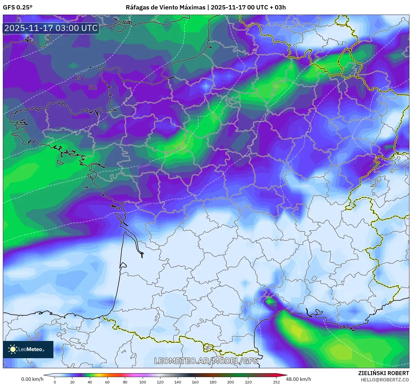 GFS model - Francia, Ráfagas de Viento Máximas