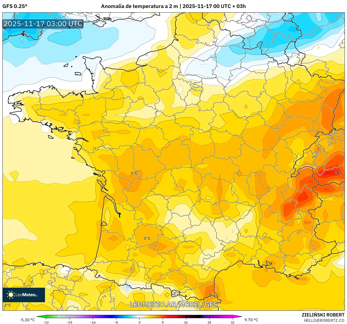 GFS model - Francia, Anomalía de temperatura a 2 m