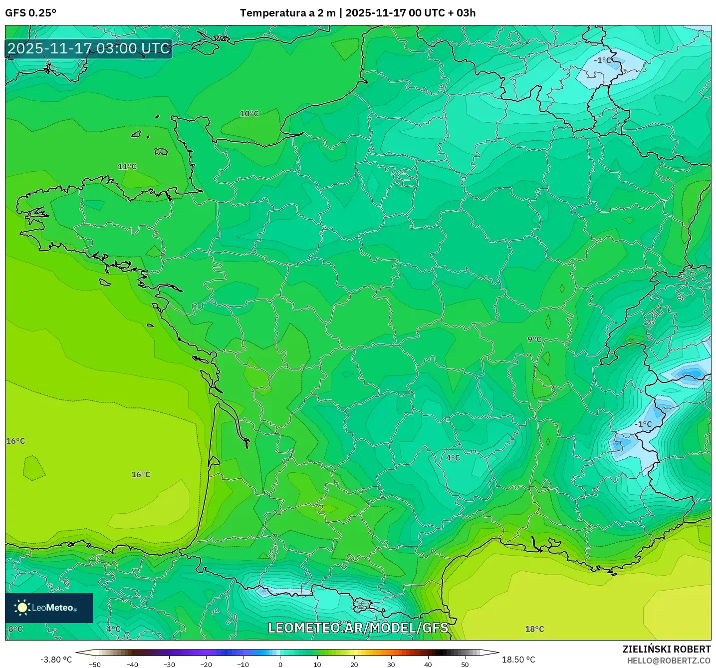 GFS model - Francia, Temperatura a 2 m