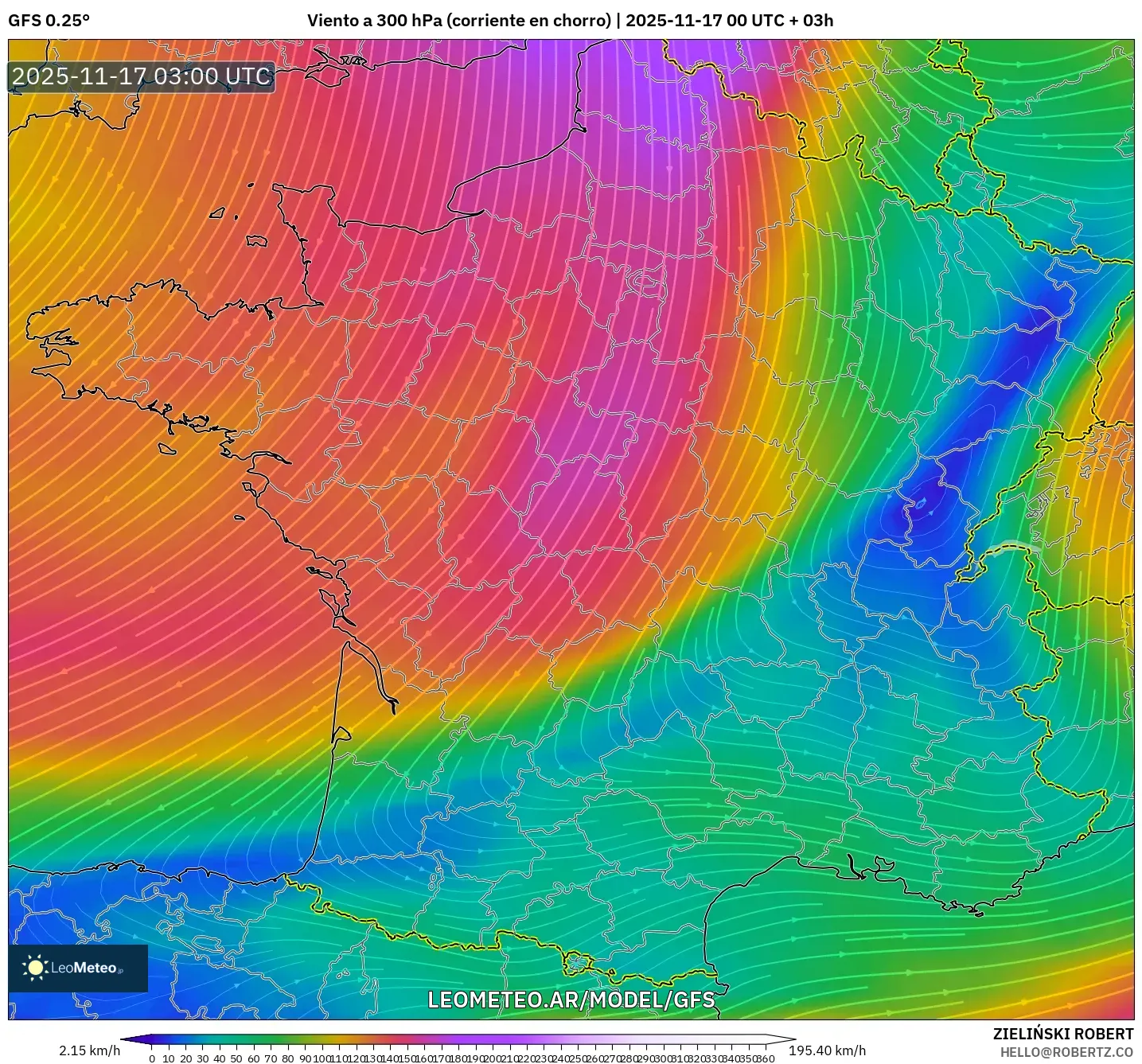 GFS model - Francia, Viento a 300 hPa (corriente en chorro)