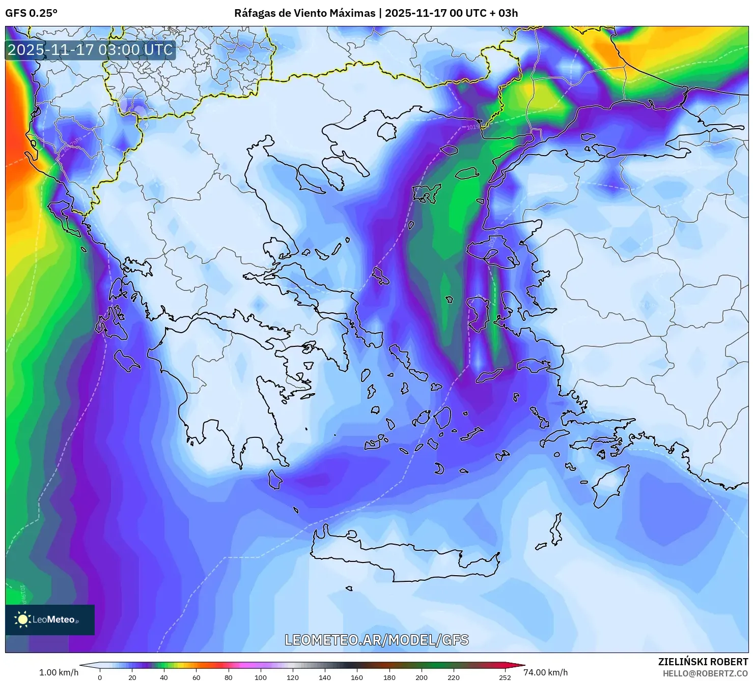 GFS model - Grecia, Ráfagas de Viento Máximas