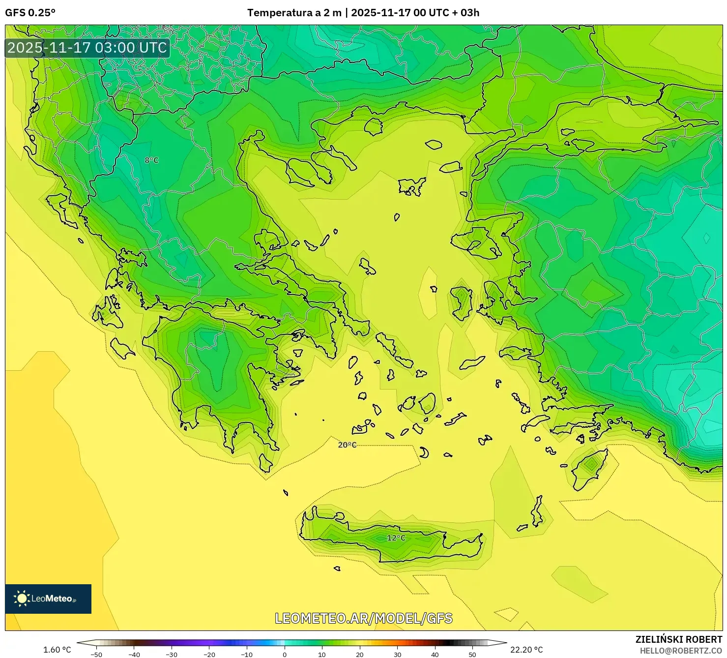 GFS model - Grecia, Temperatura a 2 m