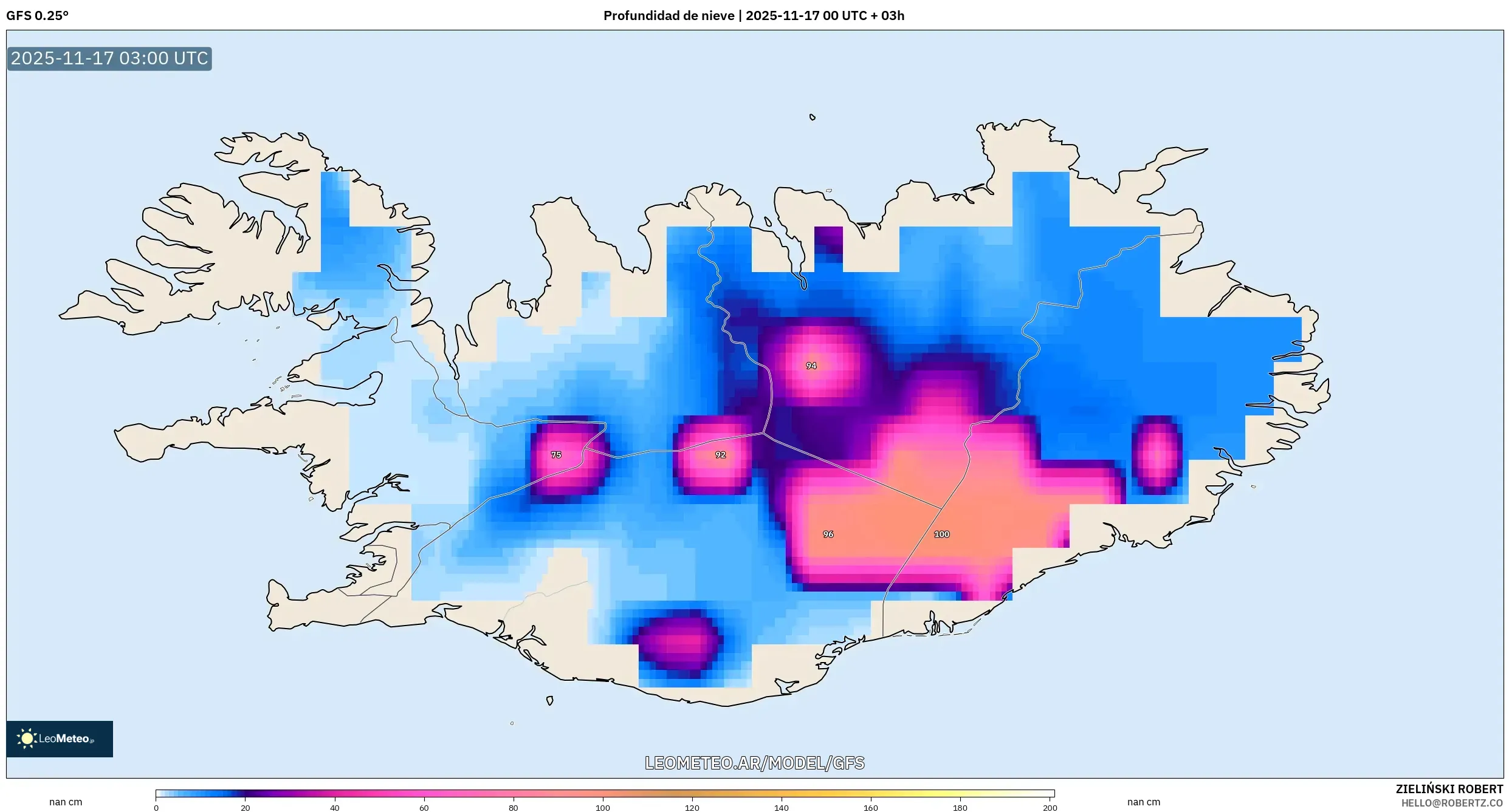 GFS model - Islandia, Profundidad de nieve