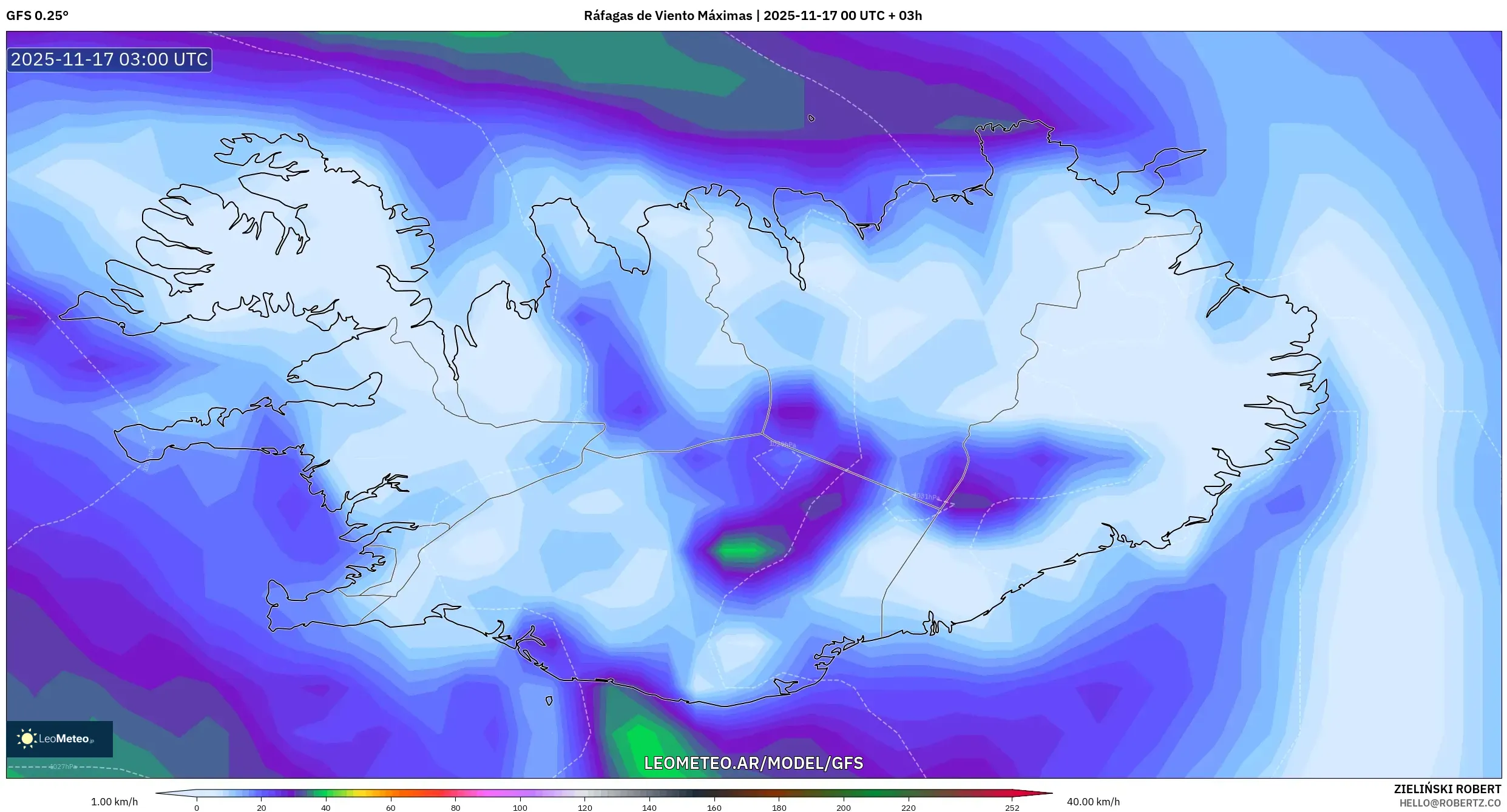 GFS model - Islandia, Ráfagas de Viento Máximas
