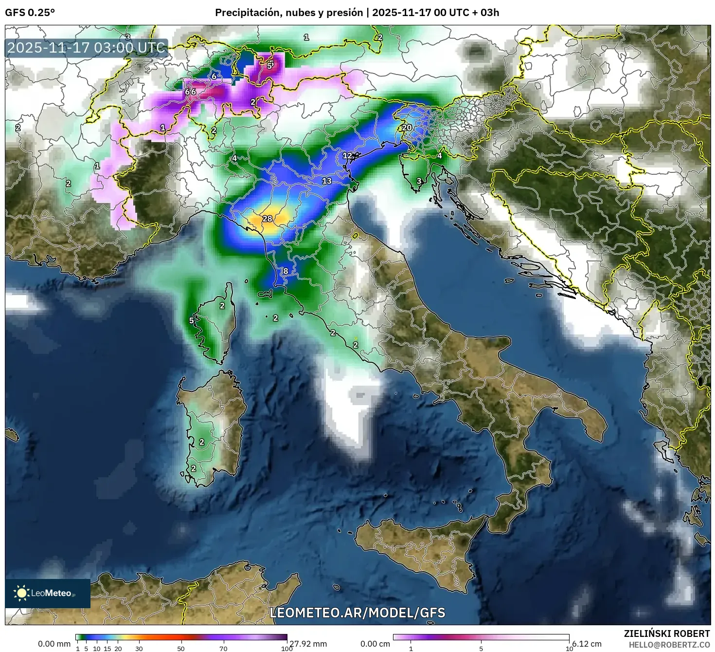 GFS model - Italia, Precipitación, nubes y presión