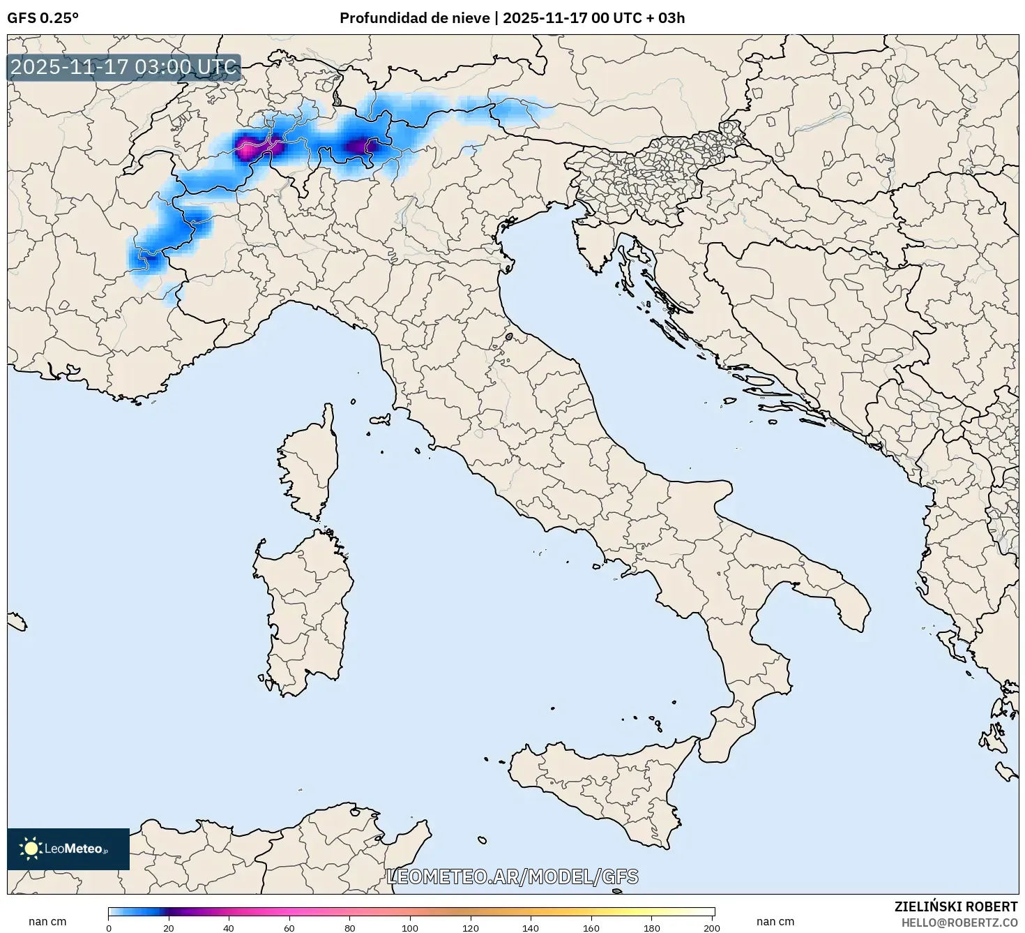 GFS model - Italia, Profundidad de nieve