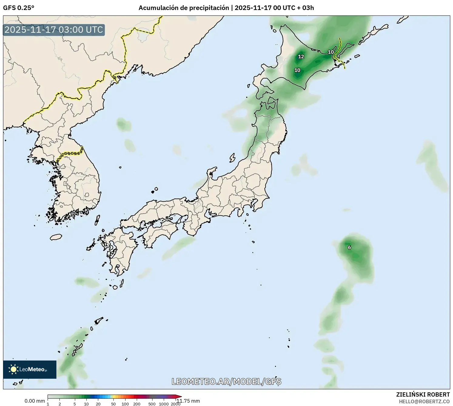 GFS model - Japón, Acumulación de precipitación