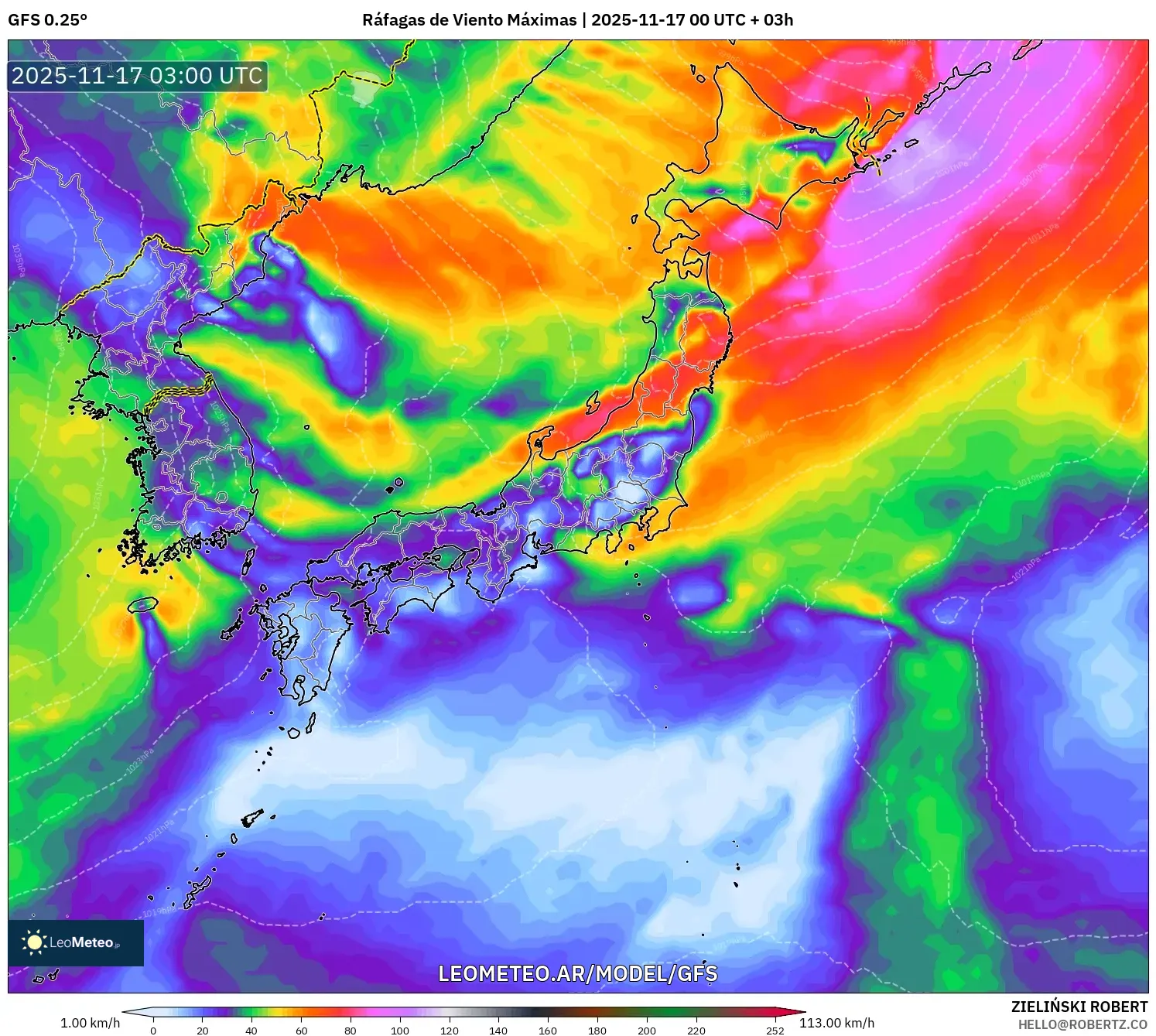 GFS model - Japón, Ráfagas de Viento Máximas