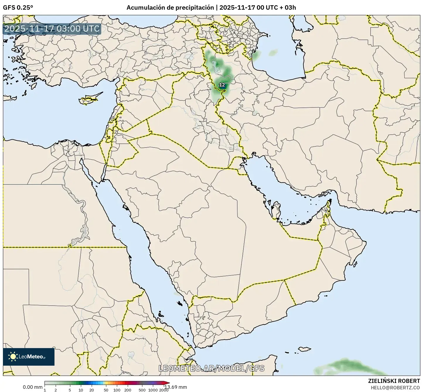 GFS model - Oriente Medio, Acumulación de precipitación