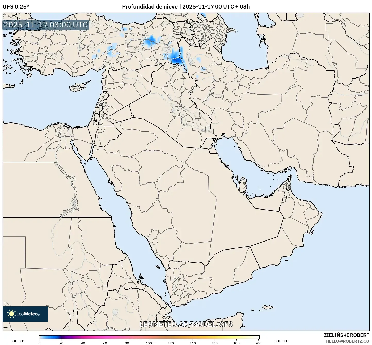 GFS model - Oriente Medio, Profundidad de nieve