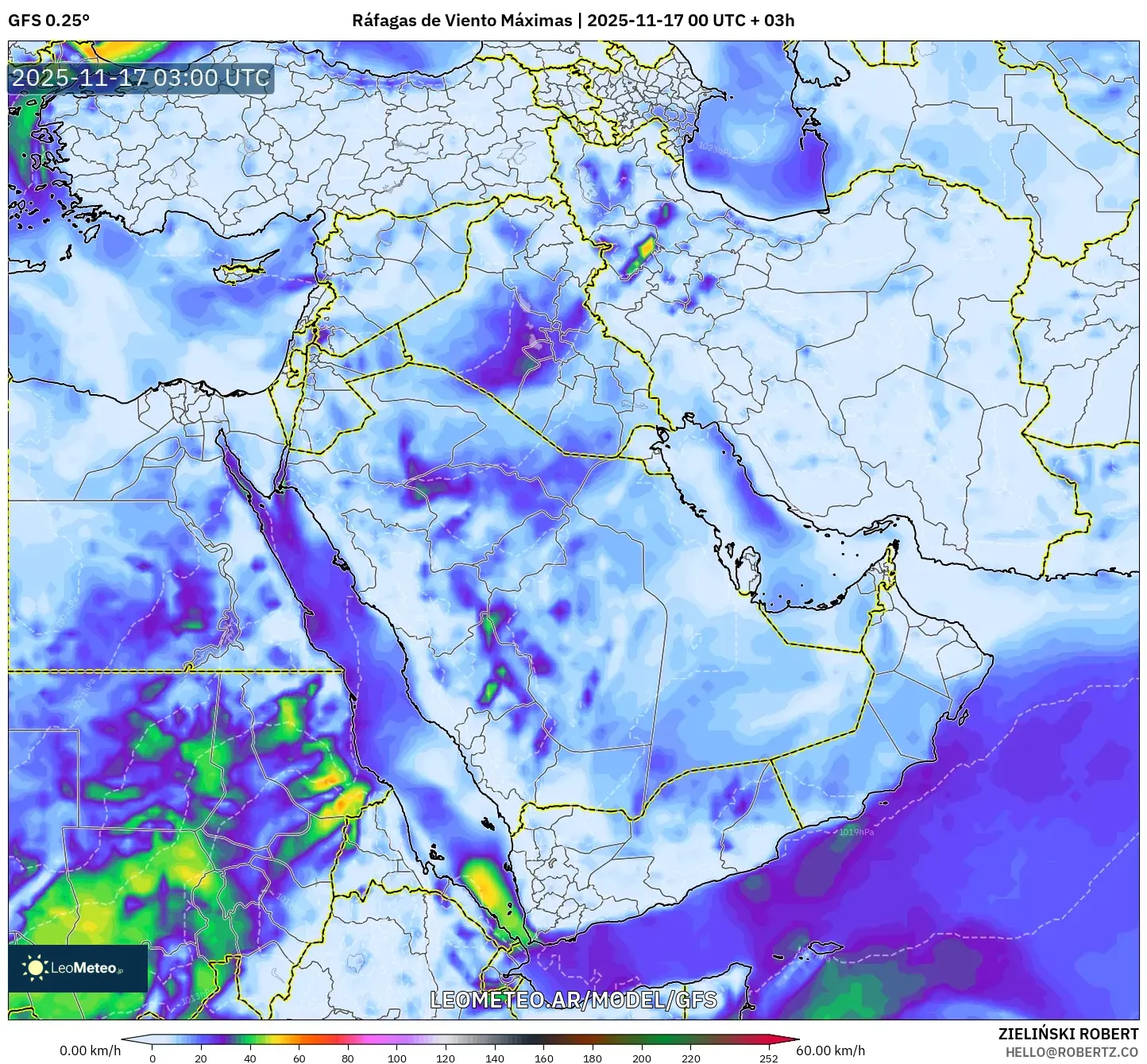 GFS model - Oriente Medio, Ráfagas de Viento Máximas