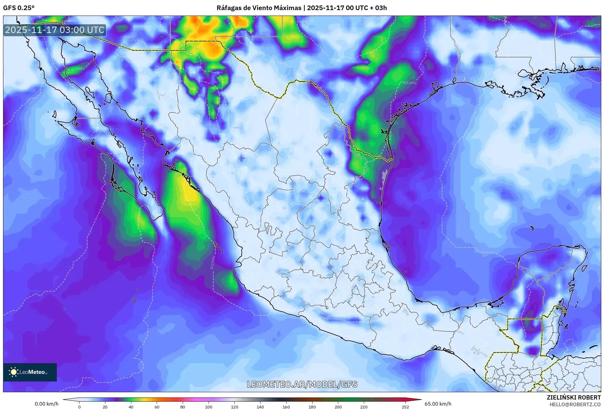 GFS model - México, Ráfagas de Viento Máximas