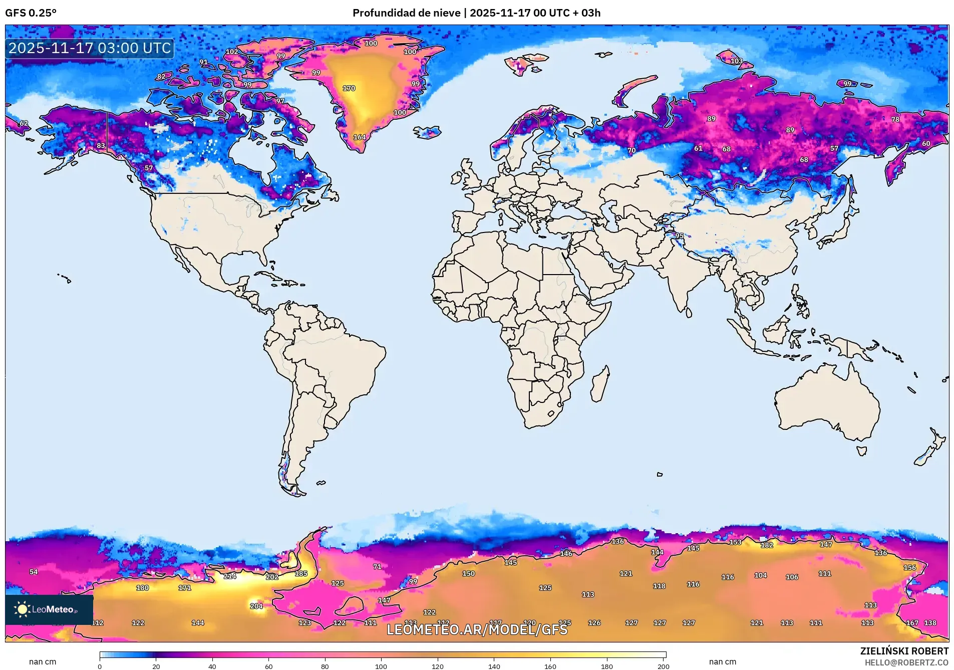 GFS model - Mundo, Profundidad de nieve