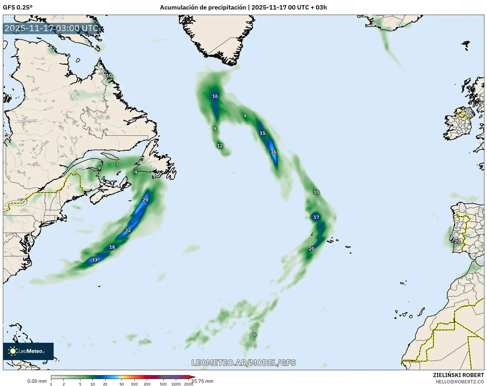 GFS model - Norte Atlántico, Acumulación de precipitación
