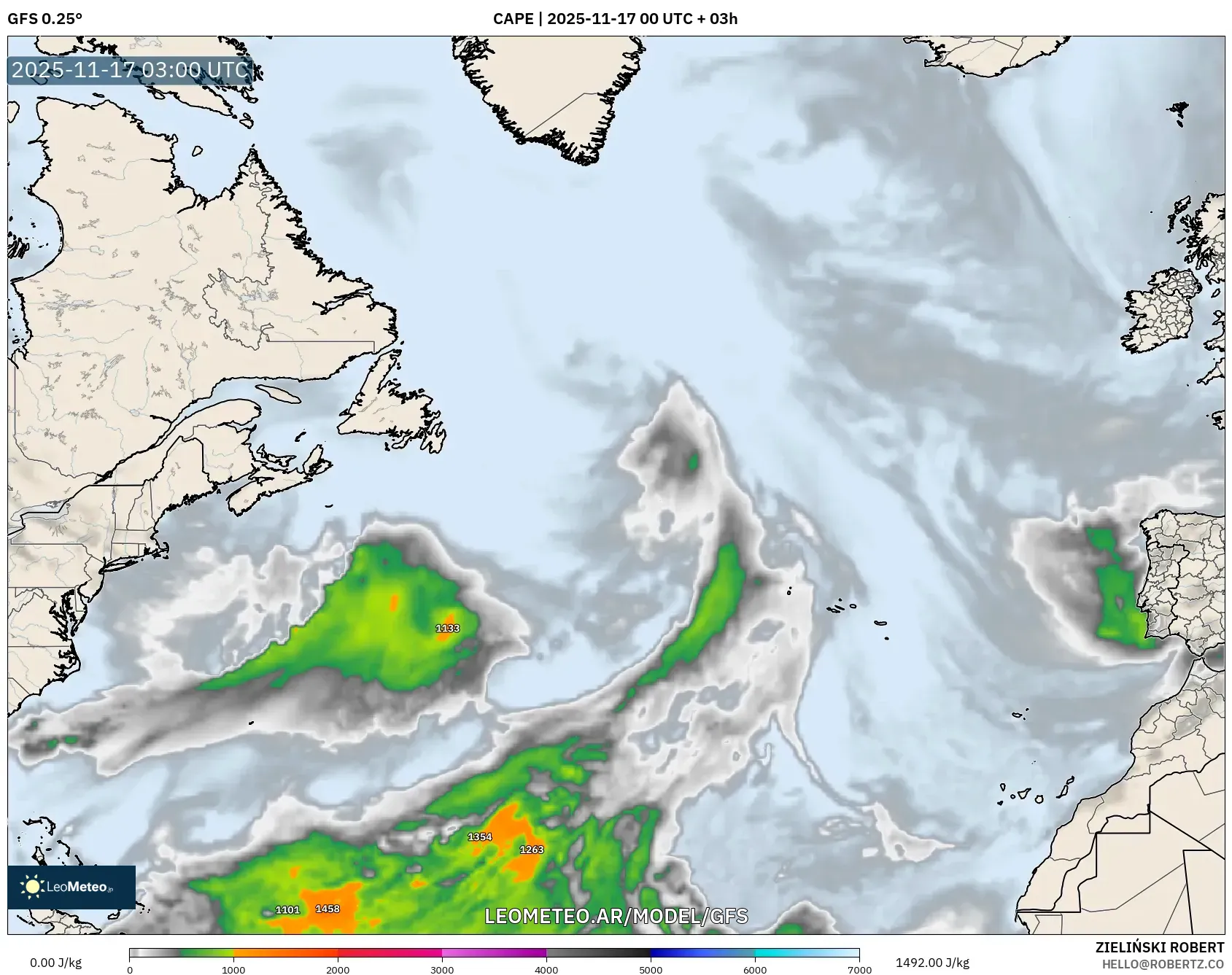 GFS model - Norte Atlántico, CAPE