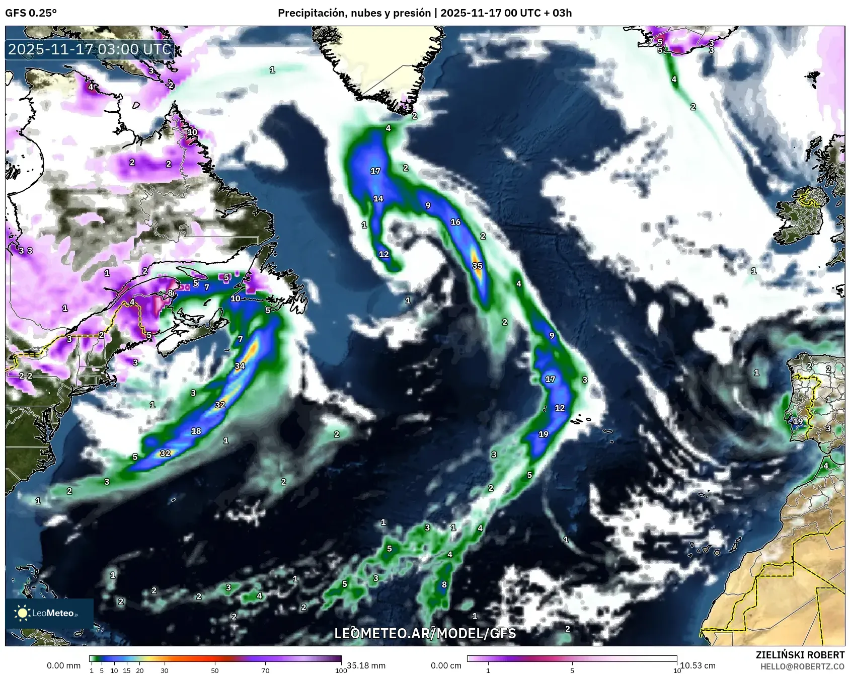 GFS model - Norte Atlántico, Precipitación, nubes y presión