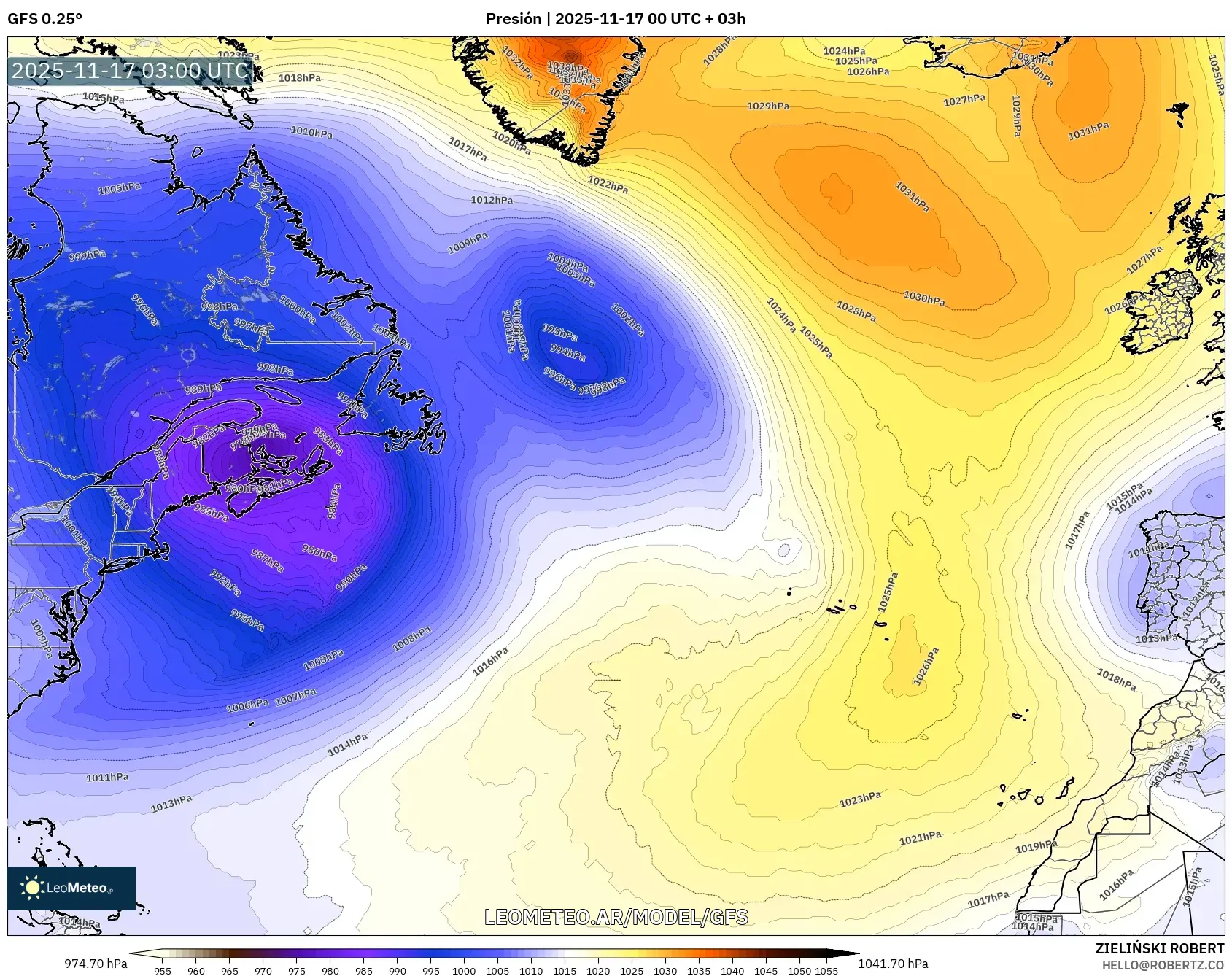 GFS model - Norte Atlántico, Presión