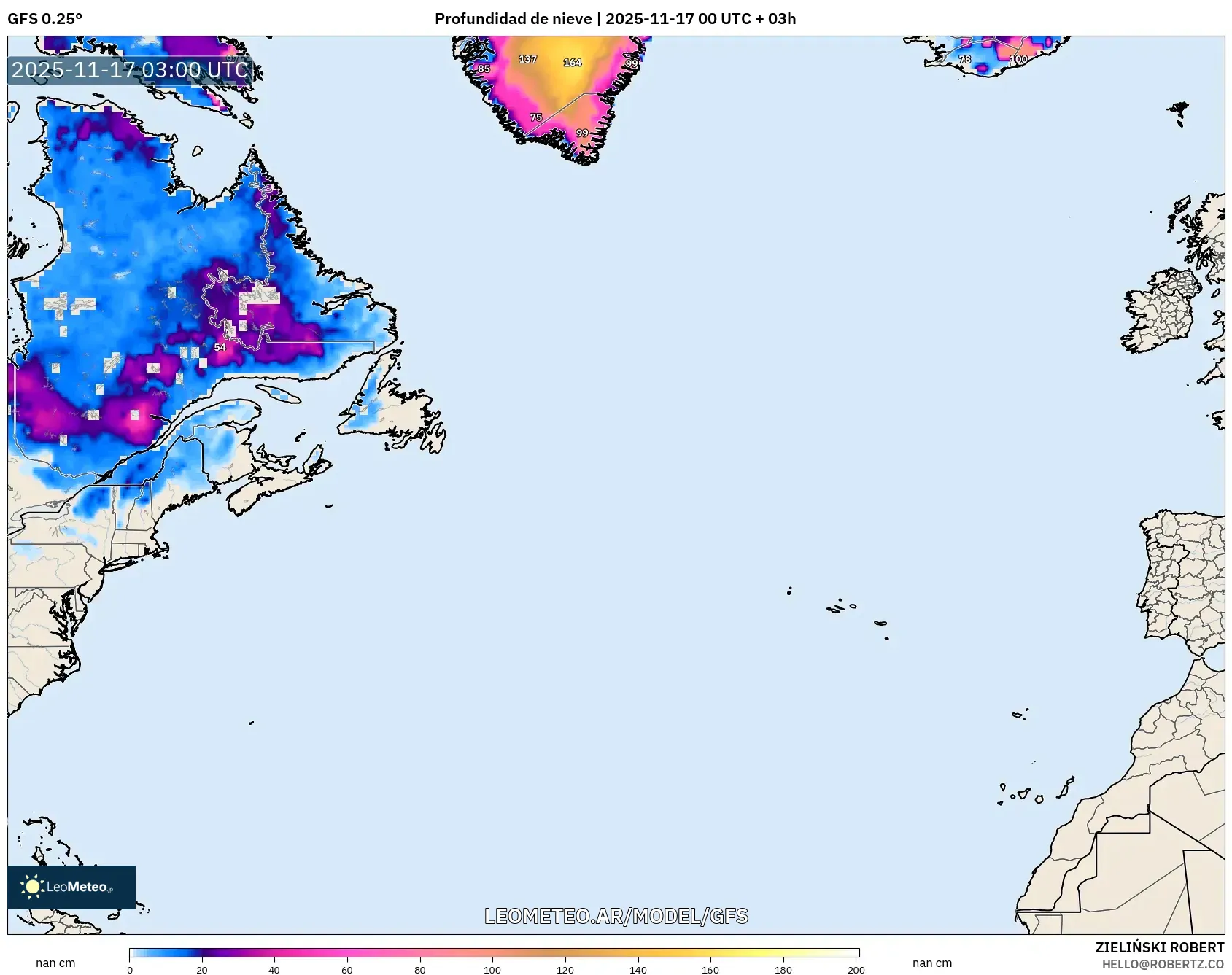 GFS model - Norte Atlántico, Profundidad de nieve