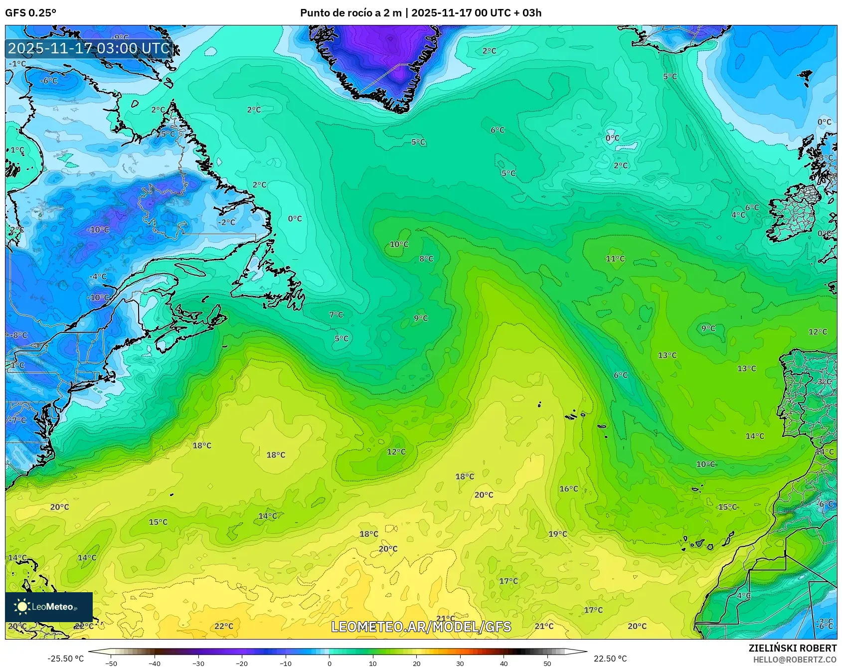 GFS model - Norte Atlántico, Punto de rocío a 2 m