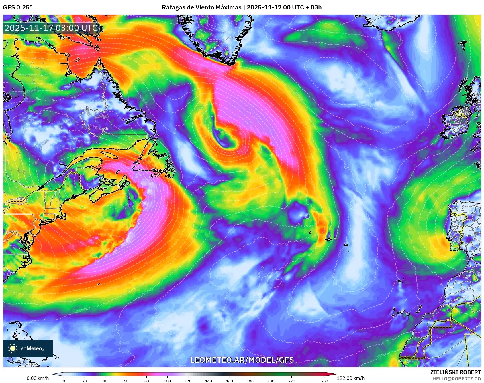 GFS model - Norte Atlántico, Ráfagas de Viento Máximas