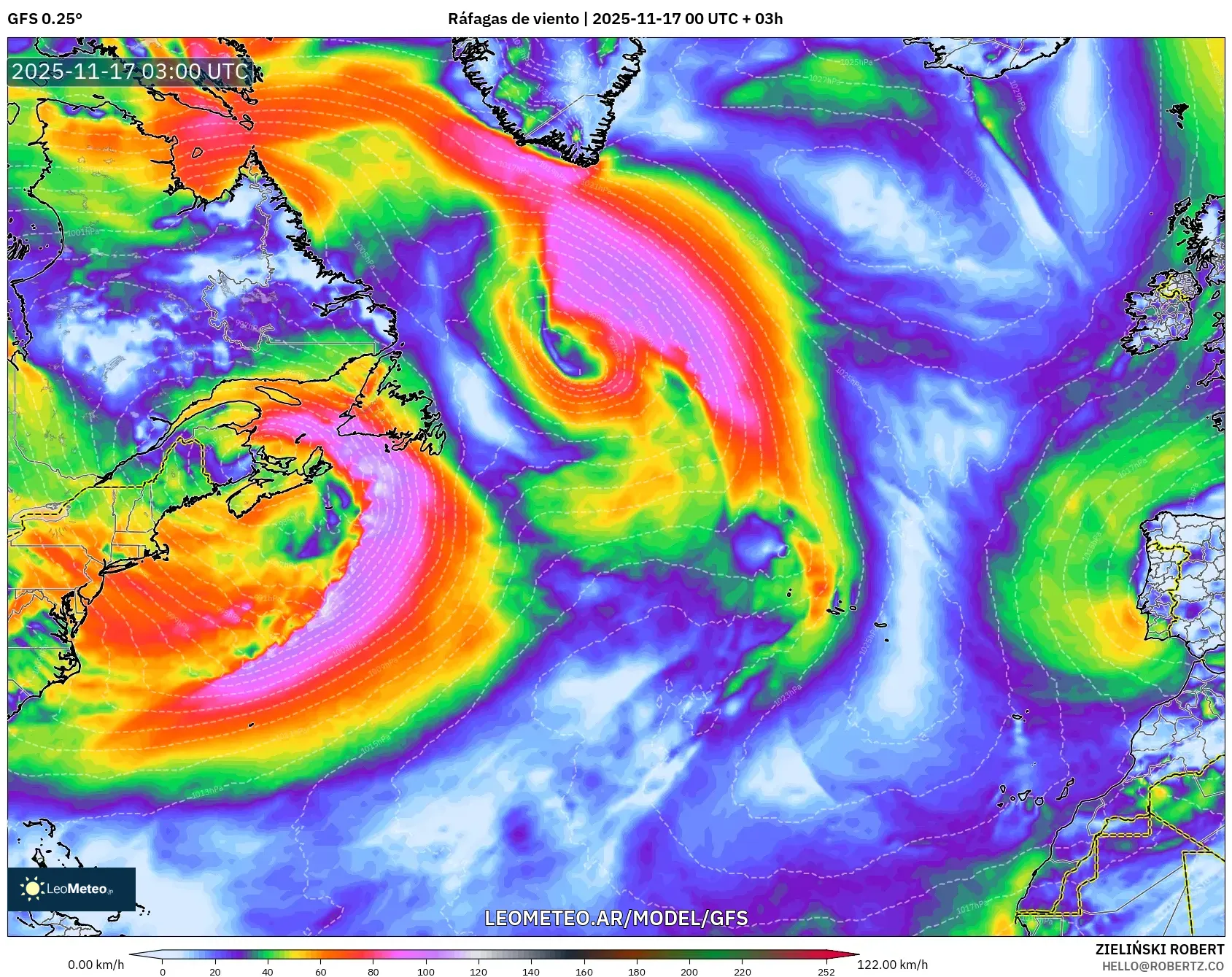 GFS model - Norte Atlántico, Ráfagas de viento