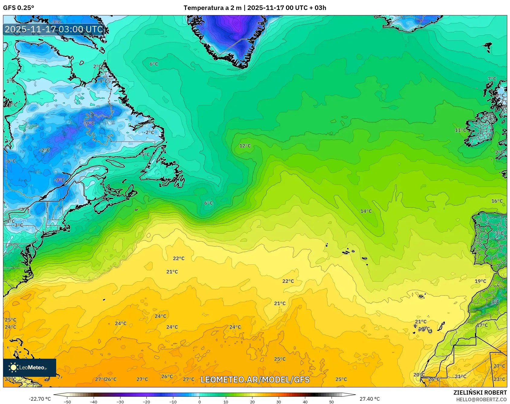 GFS model - Norte Atlántico, Temperatura a 2 m