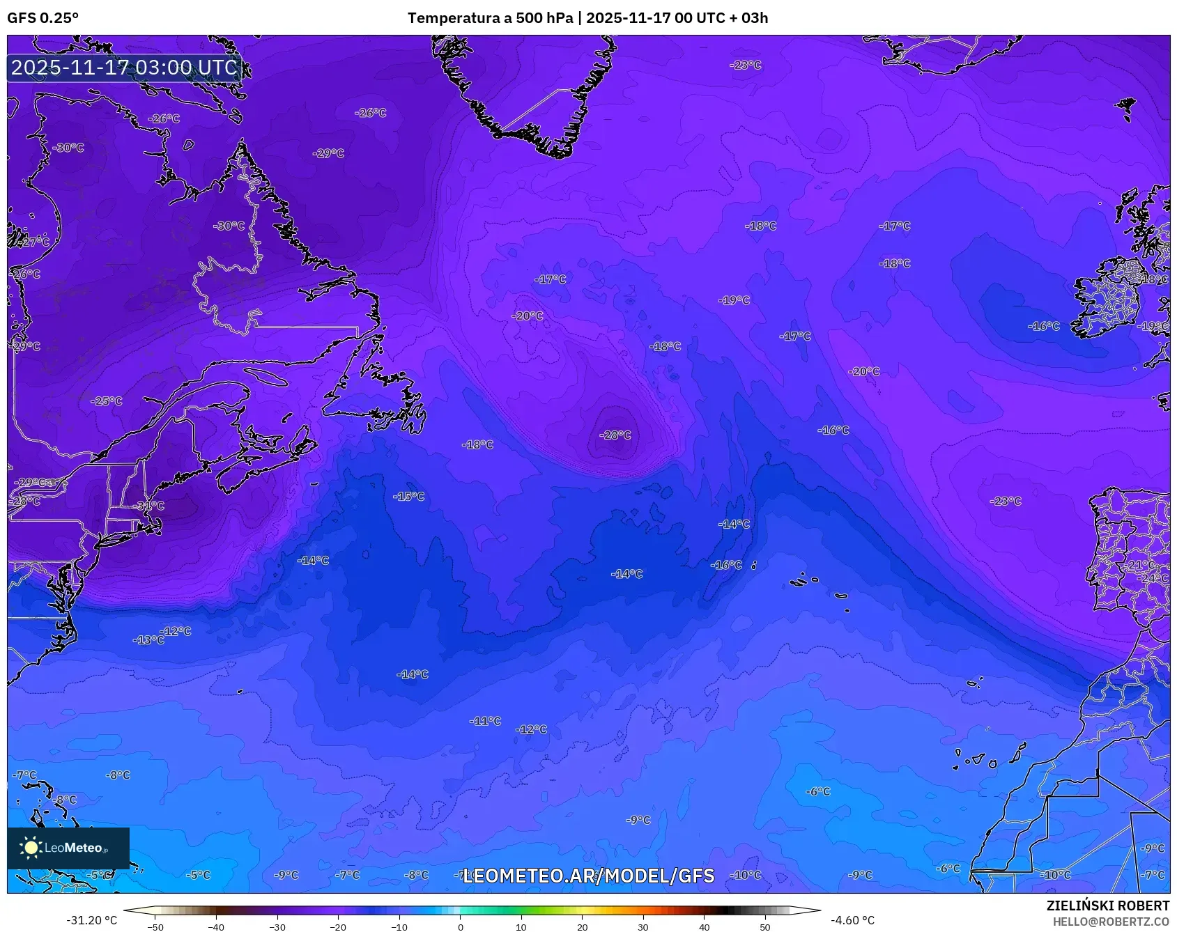 GFS model - Norte Atlántico, Temperatura a 500 hPa