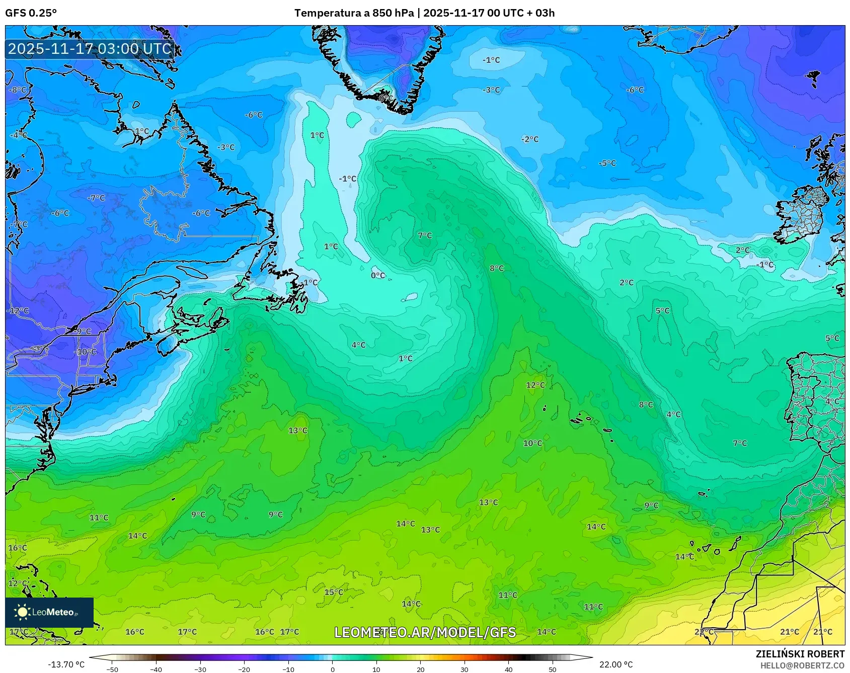 GFS model - Norte Atlántico, Temperatura a 850 hPa