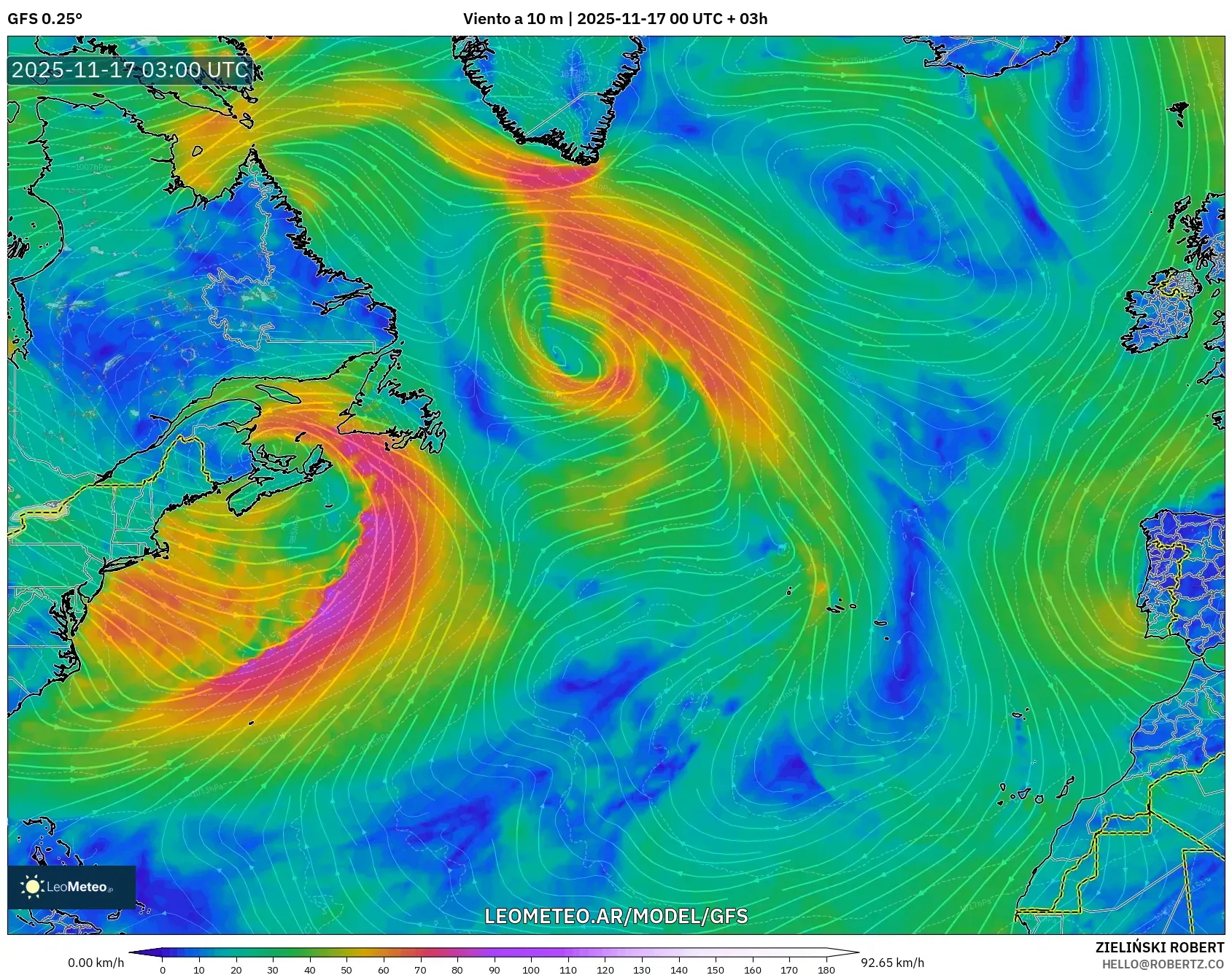 GFS model - Norte Atlántico, Viento a 10 m