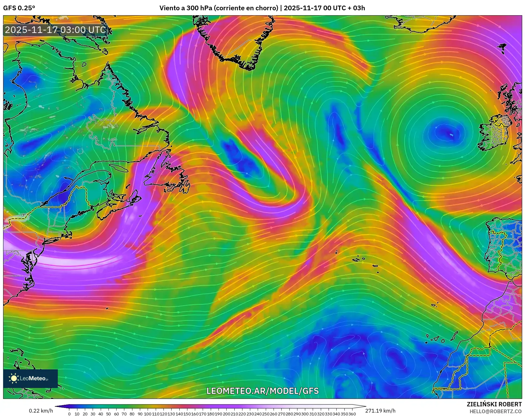 GFS model - Norte Atlántico, Viento a 300 hPa (corriente en chorro)