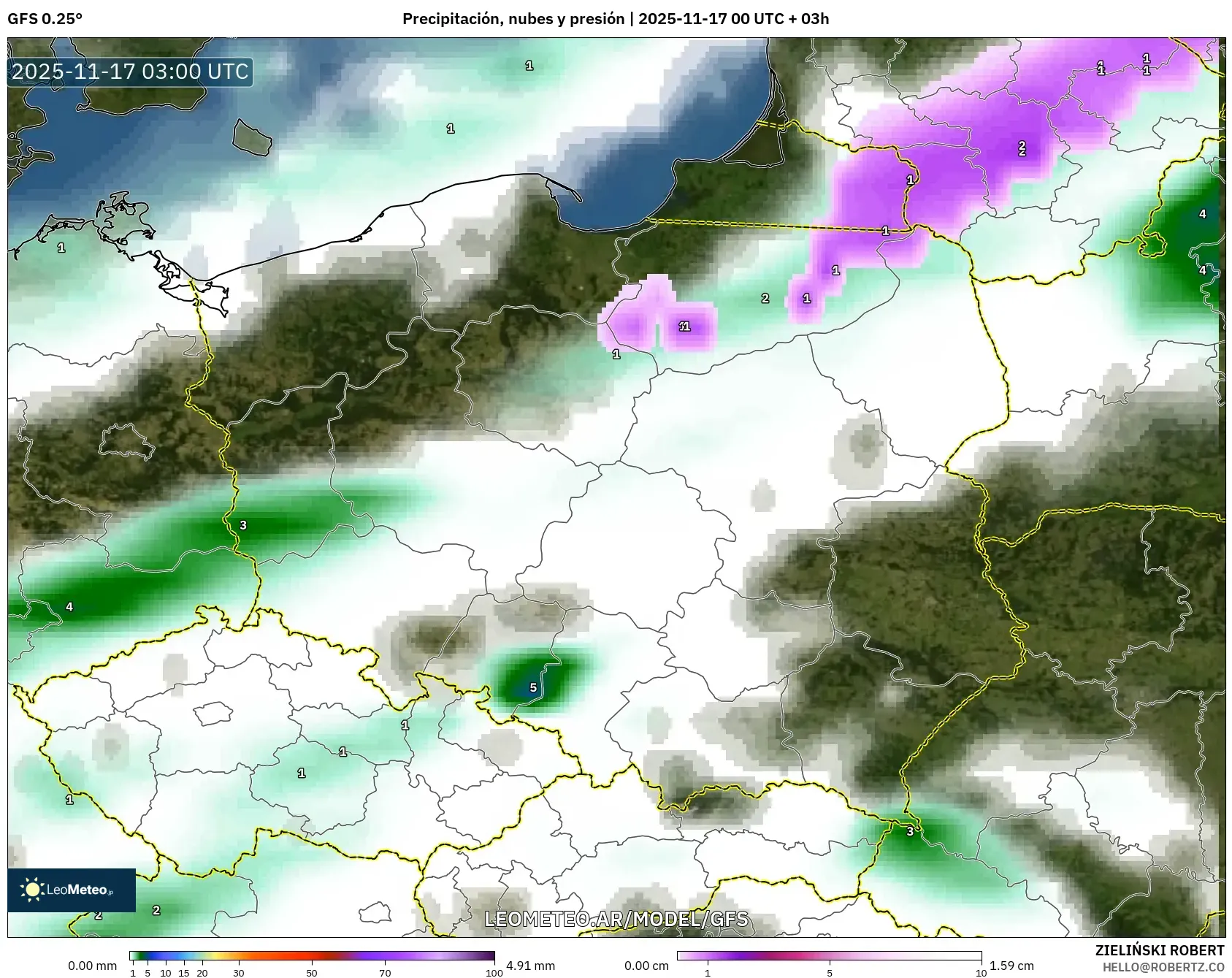 GFS model - Polonia, Precipitación, nubes y presión