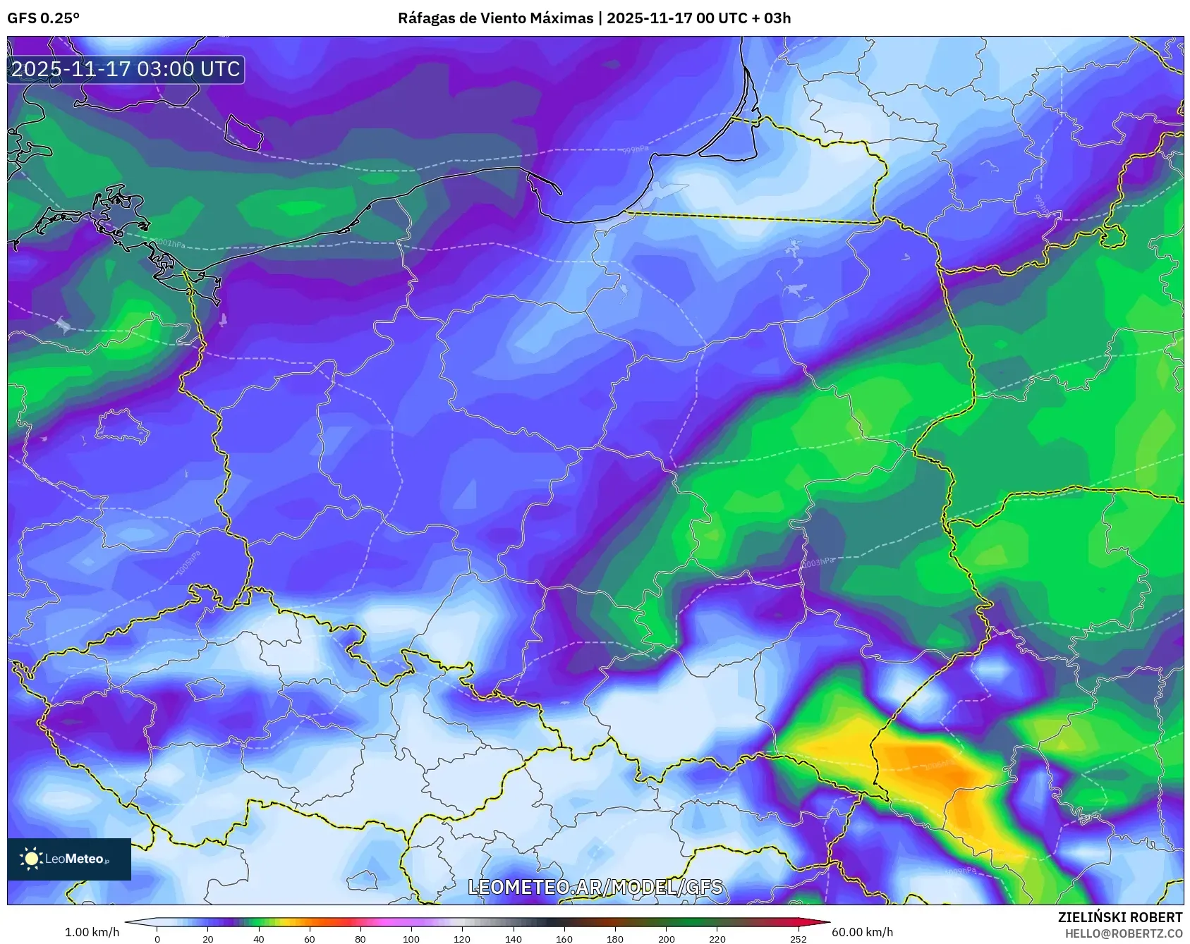 GFS model - Polonia, Ráfagas de Viento Máximas