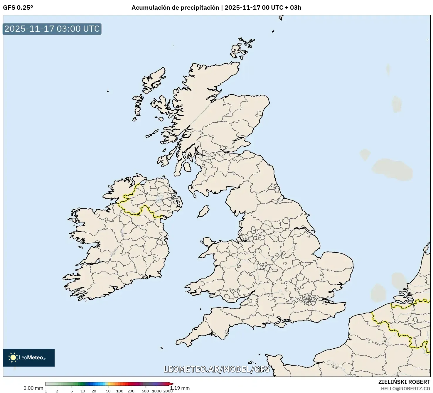 GFS model - Reino Unido, Acumulación de precipitación