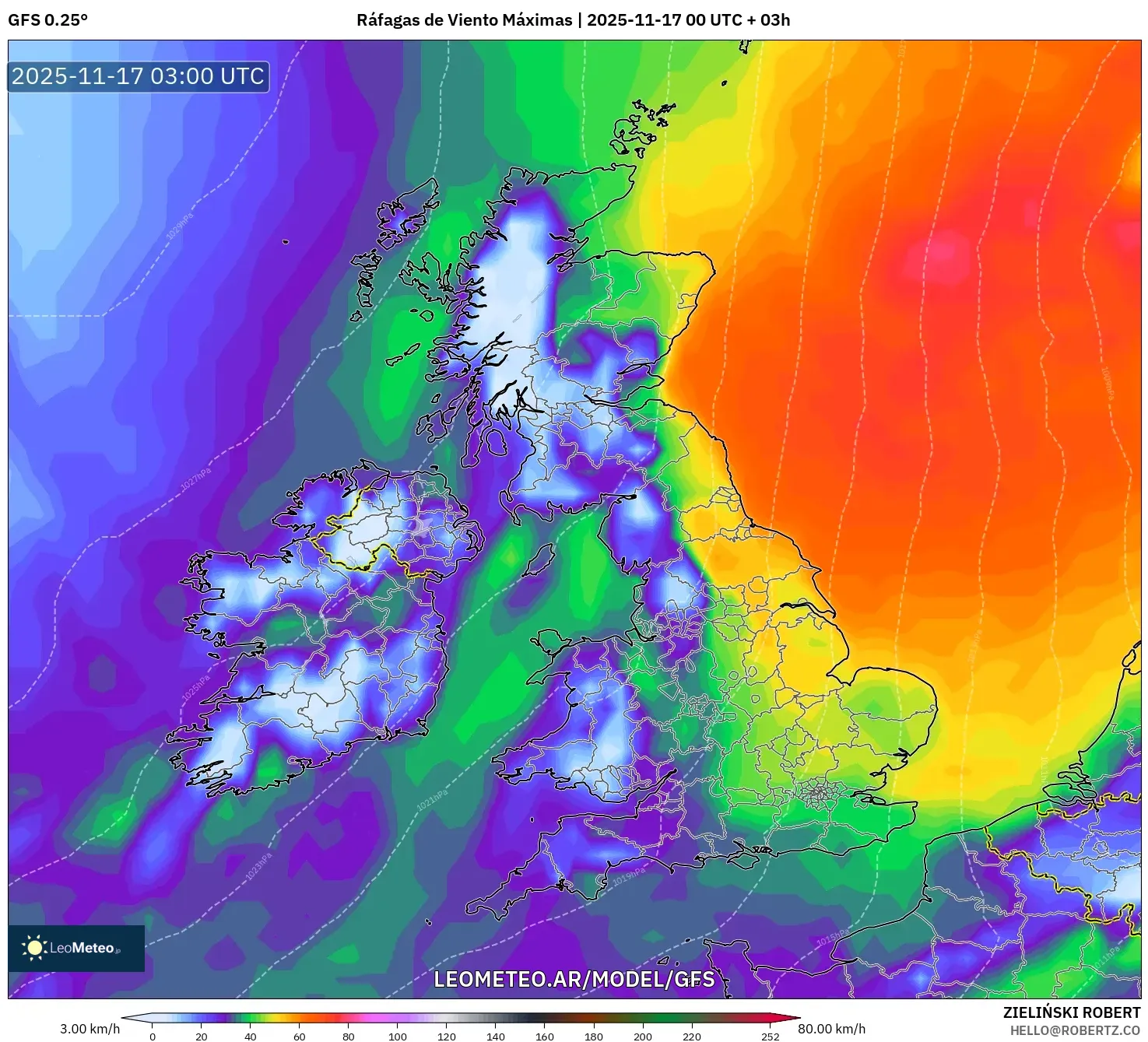 GFS model - Reino Unido, Ráfagas de Viento Máximas