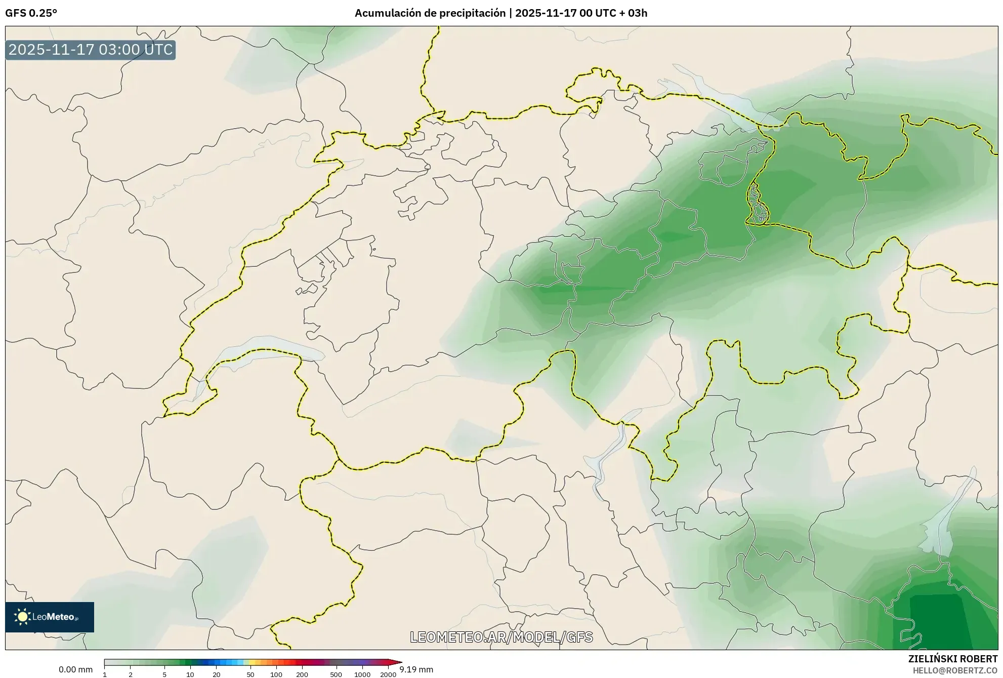GFS model - Suiza, Acumulación de precipitación
